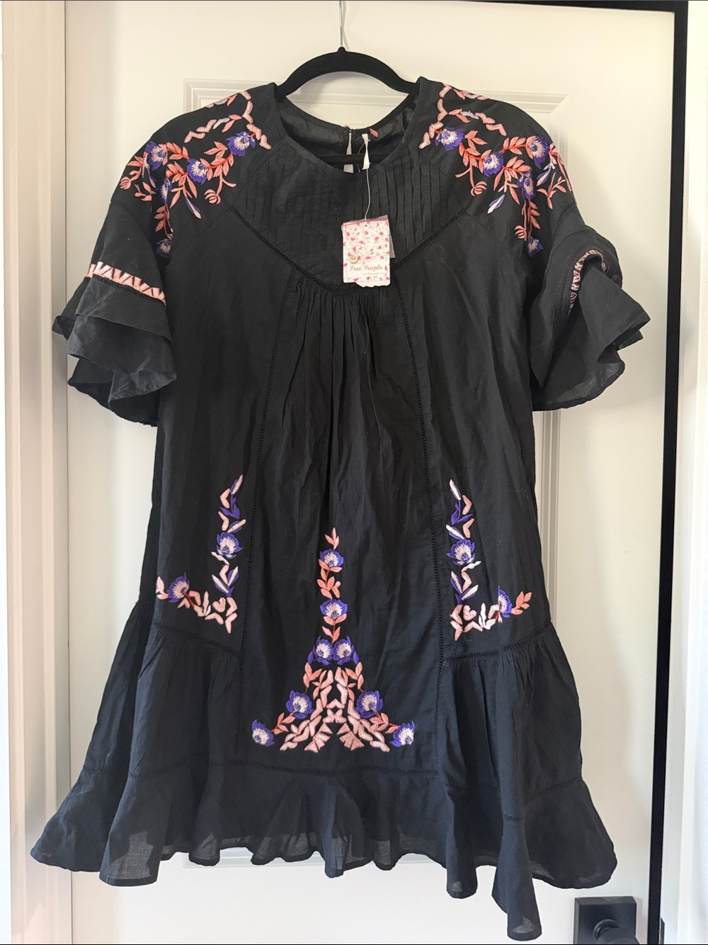 Free People Black Embroidered Boho Top with Button Keyhole